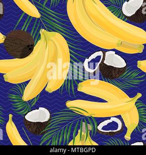 Banana, coconut, whole and pieces with palm leaves isolated on white background. Colorful botanical vector ilustration. Vintage tropic design Stock Vector