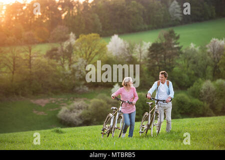 Beautiful senior couple with bicycles outside in spring nature. Stock Photo
