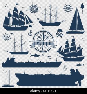 Set of sailing ships, yachts and tankers Stock Vector