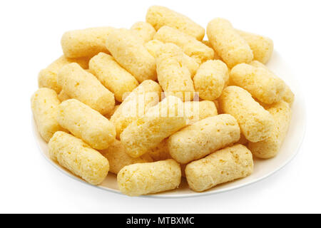 Portion of sweet corn sticks in a plate. Isolated on white background. Stock Photo