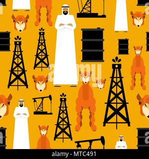Arabian pattern. Arab and oil pump. Petrol Barrel and camel. OAE background seamless. Vector illustration Stock Vector