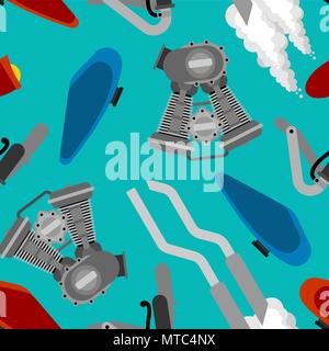 Bike Motorcycle part pattern seamless. Engine racing. Exhaust pipe and Steering wheel. Fuel tank and Headlight. Vector illustration Stock Vector