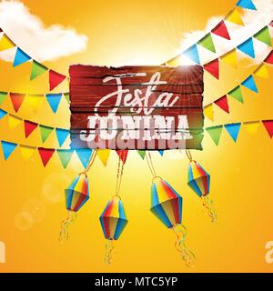 Festa Junina Illustration with Party Flags and Paper Lantern on Yellow Background. Vector Brazil June Festival Design for Greeting Card, Invitation or Holiday Poster. Stock Vector