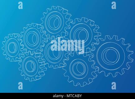 Gear sketch. Vector rendering of 3d. Wire-frame style Stock Vector