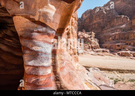 Stripped rock, sandstone texture. View from a cave in Petra, Jordan Stock Photo