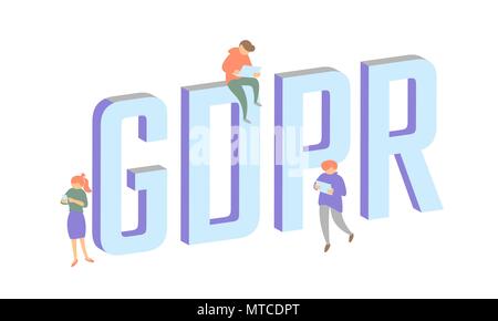 GDPR law isometric people concept. Small men Big letters flat 3D general data protect regulation security. Pastel color privacy personal information safety vector illustration Stock Vector