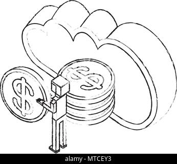 cloud computing with money coins and businessman isometric icon Stock Vector