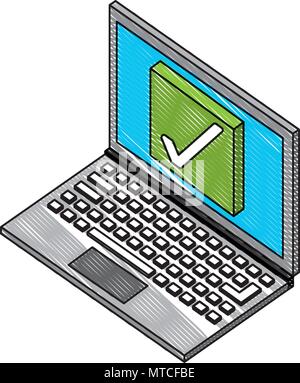 laptop computer with button check isometric icon Stock Vector