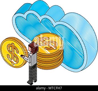 cloud computing with money coins and businessman isometric icon Stock Vector