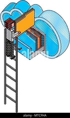 businessman climbing stairs and cloud computing isometric Stock Vector