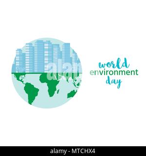 Happy World Environment Day postcard with green city background, wind turbine. Eco friendly ecology concept. Save the earth. Stock Vector