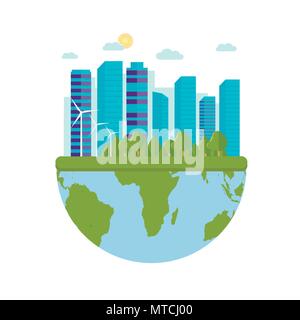 Happy World Environment Day postcard with green city background, wind turbine. Eco friendly ecology concept. Save the earth. Stock Vector