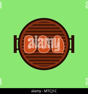 Letters BBQ on the grill. Grilled meat steak on the grid. Vector illustration flat design. Isolated on green background. Stock Vector