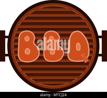 Letters BBQ on the grill. Grilled meat steak on the grid. Vector illustration flat design. Isolated on white background. Stock Vector
