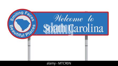 Vector illustration of the Welcome to South Carolina blue road sign Stock Vector