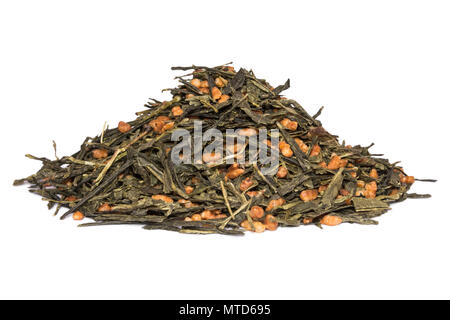 Japanese green tea Genmaicha isolated on white. Tea leaves with roasted brown rice Stock Photo