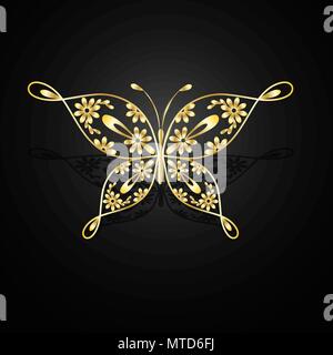 Gold abstract butterfly on black background Stock Vector