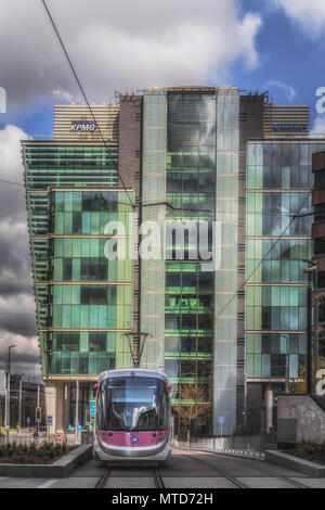 As tram waits at One Snowhill in Birmingham, UK Stock Photo