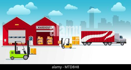 Warehouse building and shipping process flat horizontal banner set isolated vector illustration Stock Vector