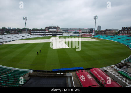 London,UK. 29 May, 2018. The match between Surrey and Sussex in the Royal London One-Day Cup at the Oval was abandoned without a ball being bowled due to heavy rain in London.View from the top of the OCS stand facing the Micky Stewart Members' Pavilion. David Rowe/Alamy Live News Stock Photo