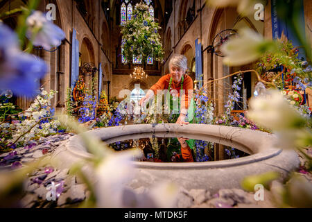 Chichester, UK. 30th May 2018. Chichester Festival of Flowers - the finishing touches are made to the 2018 event which runs from the 31st May until 2nd of June. Cherry Partridge with her display. Credit: Jim Holden/Alamy Live News Stock Photo