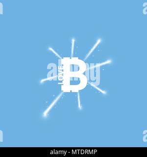 Digital bitcoins symbol with light effect and firework on blue backgraund. Stock Vector
