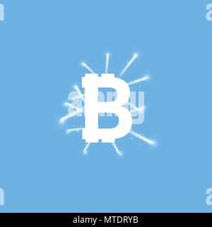 Digital bitcoins symbol with light effect and firework on blue backgraund. Stock Vector