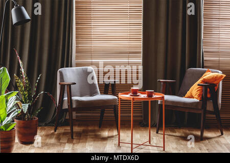 Vintage armchairs, orange coffee table with two cups, plants standing by the window with curtain and blinds in a living room interior Stock Photo