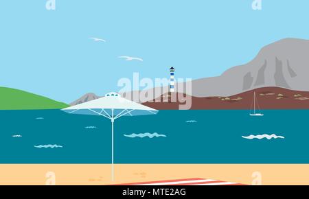 tropical landscape with sea, lighthouse on a cliff and beach with umbrella, under blue sky with flying seagull - vector Stock Vector
