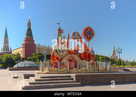 Watches, leading a countdown of time left before the start of the World Cup 2018 in Russia (Moscow, Manezhnaya Square). Stock Photo