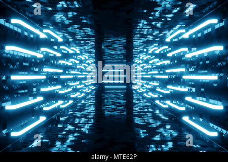 3D rendering blue-tint Illuminated corridor with blue neon light ...