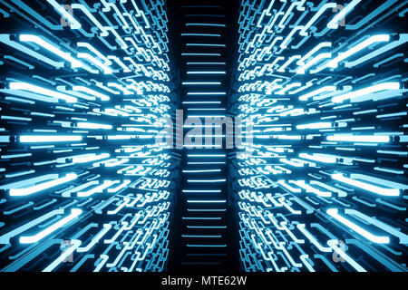 3D rendering blue-tint Illuminated corridor with blue neon light ...