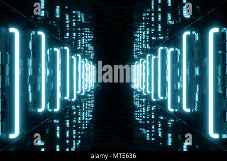 3D rendering blue-tint Illuminated corridor with blue neon light ...