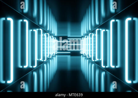 3D rendering blue-tint Illuminated corridor with blue neon light ...
