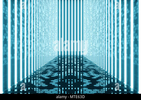 3D rendering blue-tint Illuminated corridor with blue neon light ...
