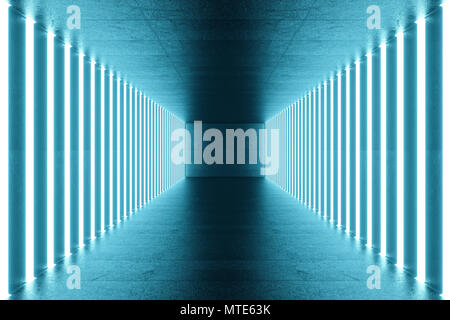 3D rendering blue-tint Illuminated corridor with blue neon light ...