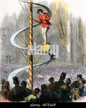Signor Ethardo's balancing act at the Crystal Palace, London, 1860s. Hand-colored woodcut Stock Photo