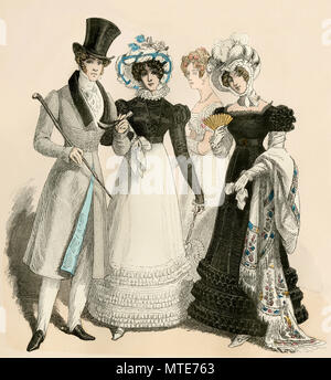 European fashion of 1820s, with man and woman in greatcoats and hats ...