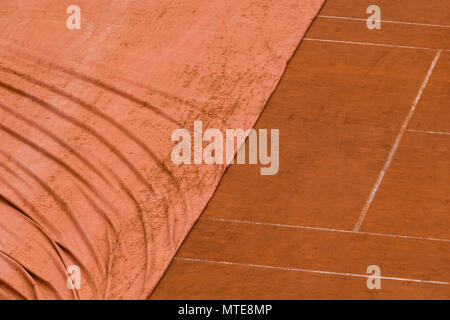 A tennis court in a rain during the French Open 2018 tennis tournament in Paris, France, on May 29, 2018. (CTK Photo/Martin Sidorjak) Stock Photo