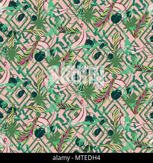 Fusion exotic jungle plant tropical palm pattern. Seamless vector nature geometric wallpaper. Stock Vector