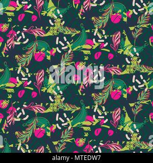 Fusion exotic jungle juicy greens tropical palm pattern. Seamless vector nature geometric backdrop wallpaper. Stock Vector