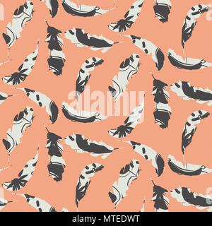 Eclectic exotic feather pattern. Seamless vector overlay effect salmon red wallpaper. Stock Vector