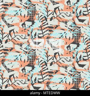 Brush bold texture seamless blue and coral pattern. Stock Vector