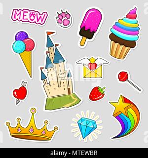 Set of girls fashion cute patches, fun stickers, badges and pins. Collection different elements. castle strawberry lips crown strawberry ice cream candy. Vector trendy illustration. Stock Vector