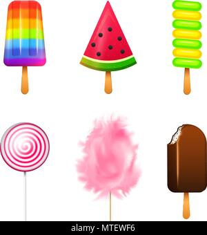 Realistic Sweet ice cream. Swirl caramel, circle lollipop, fruit jelly, Sugar clouds, cotton. Taste of chocolate, watermelon and apple. Rainbow candy. 3d vector. holiday colors in modern style. Stock Vector