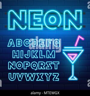 80 s blue neon retro font. Futuristic chrome letters. Bright Alphabet on dark background. Light Symbols Sign for night show in club. concept of galaxy space. Set of types. Outlined version. Stock Vector