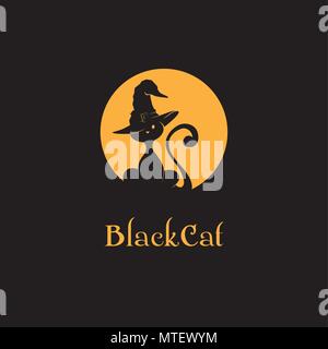 Halloween Logo. Black Cat, Witch Hat and Orange Moon. Stock Vector
