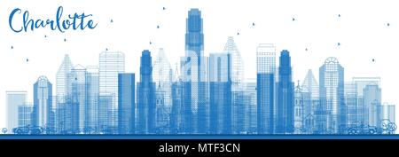 Outline Charlotte North Carolina Skyline with Blue Buildings. Vector Illustration. Business Travel and Tourism Concept with Modern Architecture. Stock Vector