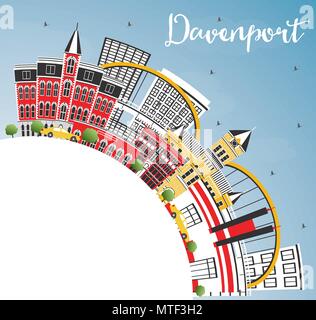 Davenport Iowa Skyline with Color Buildings, Blue Sky and Copy Space. Vector Illustration. Business Travel and Tourism Illustration Stock Vector