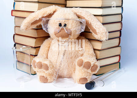 A toy rabbit in protective glasses with beakers and flasks sits near a pile of books. Stock Photo